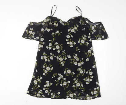 Back view of Missguided women’s black floral polyester a-line, size UK 8, v-neck pullover