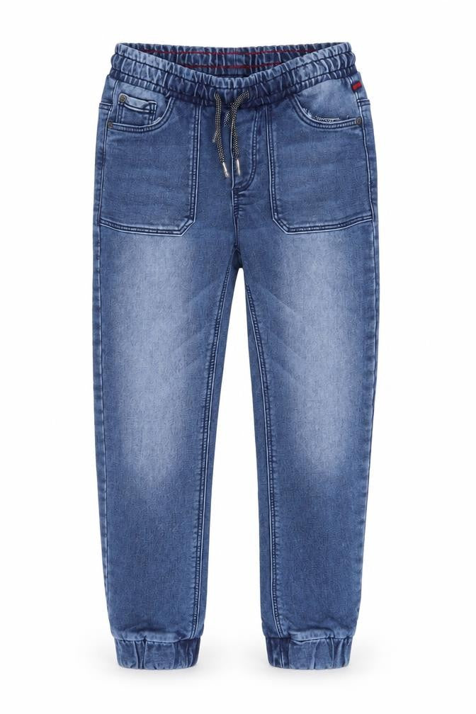 Front view of TAPE A L'OEIL boys’ blue cotton tapered jeans, size 9, months, 22-inch leg regular drawstring