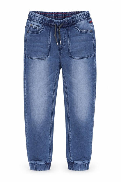 Front view of TAPE A L'OEIL boys’ blue cotton tapered jeans, size 9, months, 22-inch leg regular drawstring