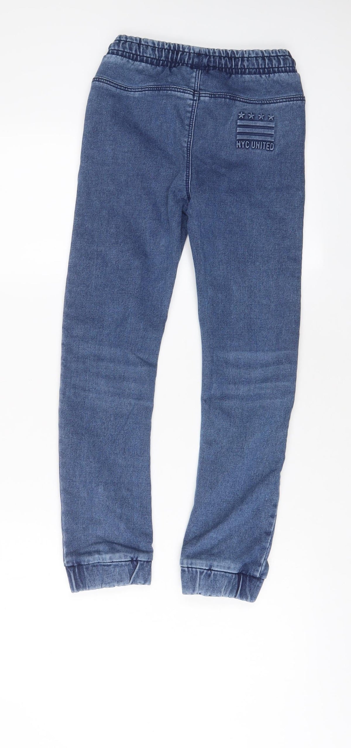 Back view of TAPE A L'OEIL boys’ blue cotton tapered jeans, size 9, months, 22-inch leg regular drawstring