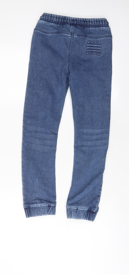 Back view of TAPE A L'OEIL boys’ blue cotton tapered jeans, size 9, months, 22-inch leg regular drawstring