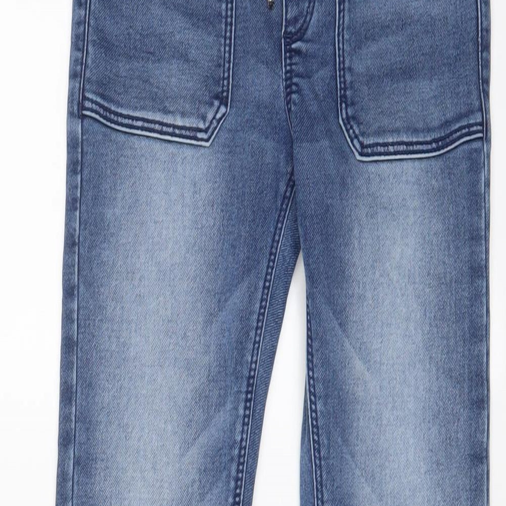 Close-up detail of TAPE A L'OEIL boys’ blue cotton tapered jeans, size 9, months, 22-inch leg regular drawstring