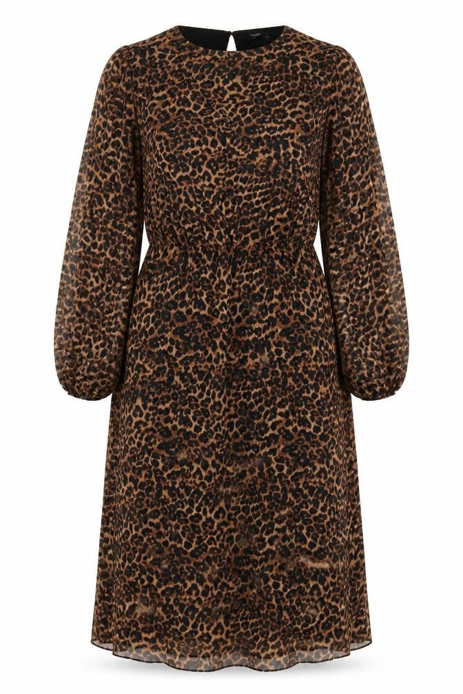 NEXT Womens Brown Animal Print Polyester A-Line Size 12 Boat Neck Button