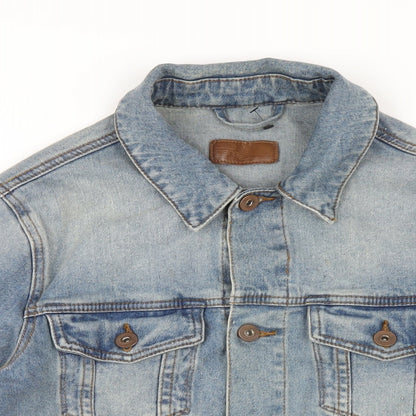 Close-up detail of ASOS men’s blue jacket, size XS, button