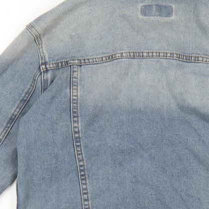 Brand and care label for ASOS men’s blue jacket, size XS, button