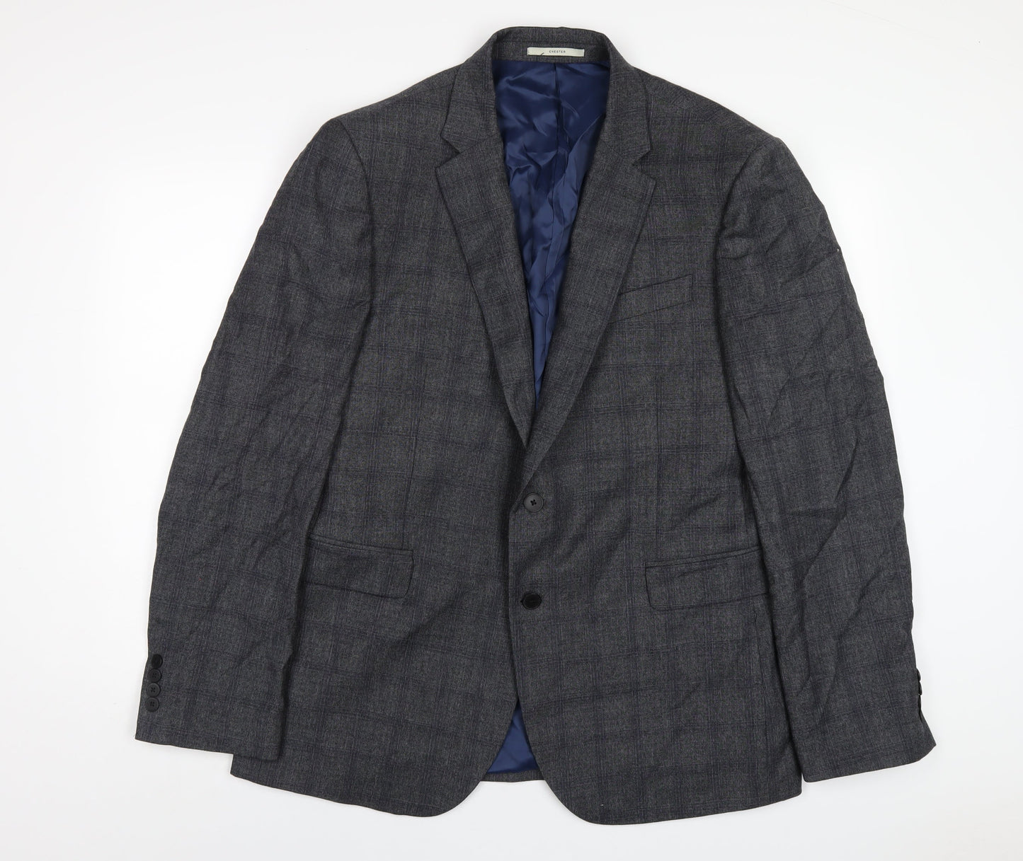 Chester Mens Grey Plaid Wool Jacket Blazer Size 46 Regular