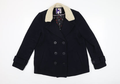 Additional front view of Henry Holland women’s blue overcoat coat, size UK 12, button