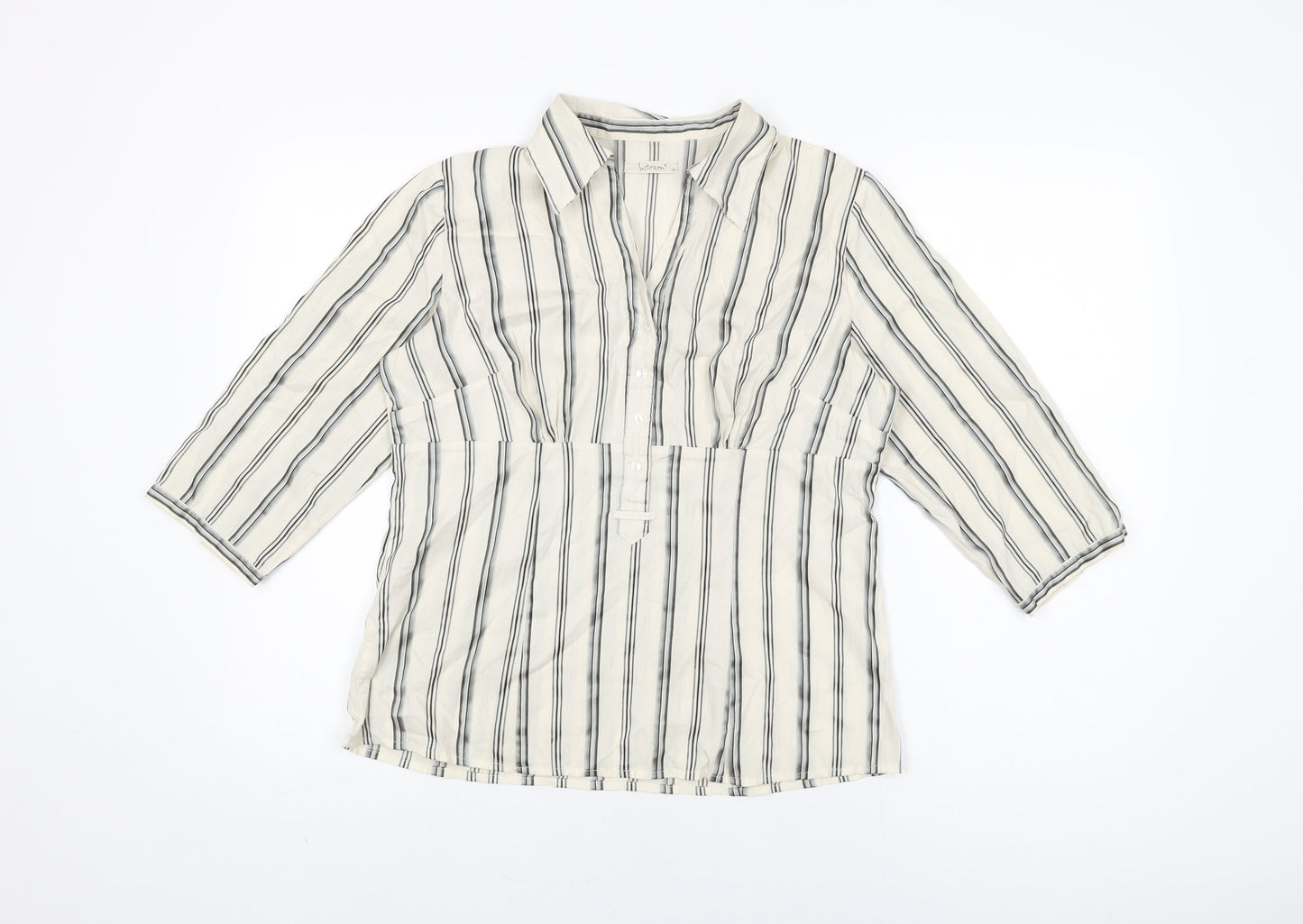 Intown Womens Ivory Striped Cotton Basic T-Shirt Size 10 Collared