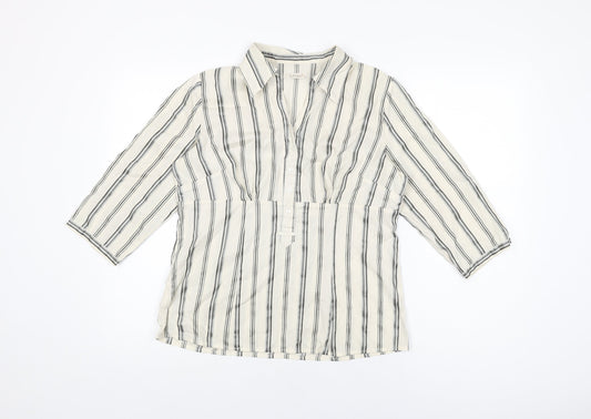 Intown Womens Ivory Striped Cotton Basic T-Shirt Size 10 Collared