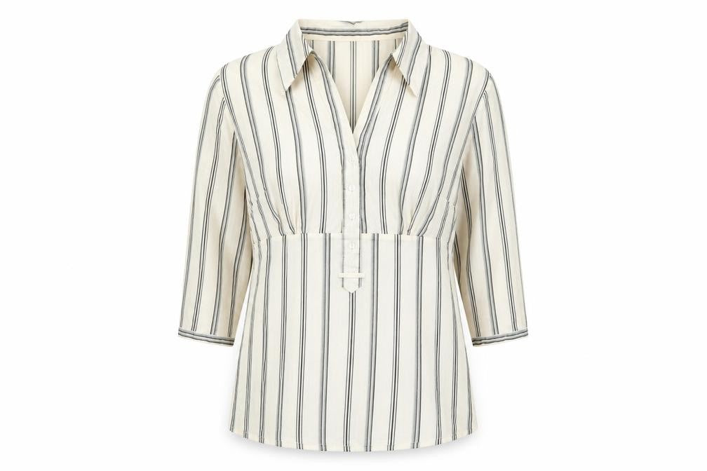 Intown Womens Ivory Striped Cotton Basic T-Shirt Size 10 Collared