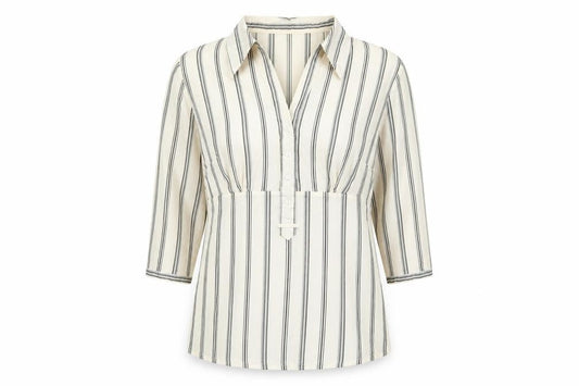 Intown Womens Ivory Striped Cotton Basic T-Shirt Size 10 Collared