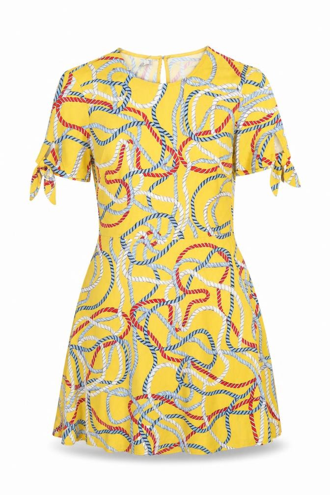 Mango Womens Yellow Geometric Polyester Mini Size M Round Neck Zip