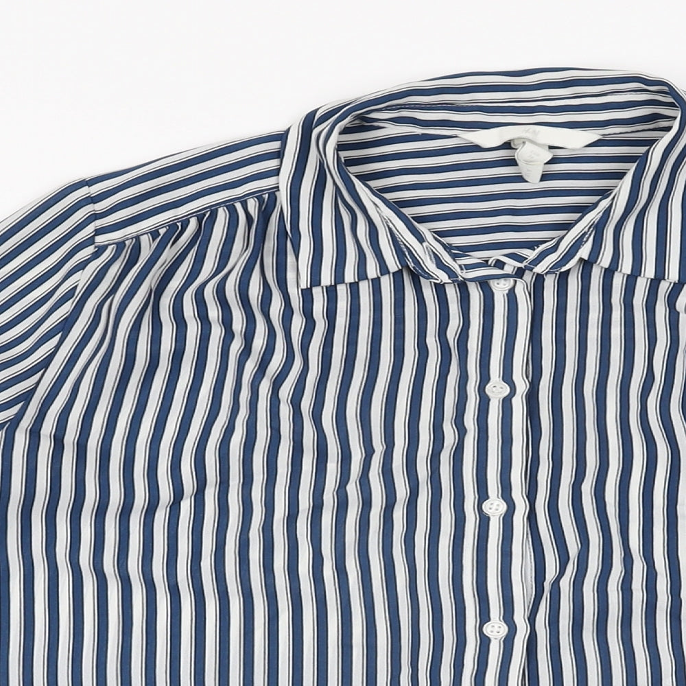 H&M Womens Blue Striped Polyester Basic Button-Up Size 8 Collared