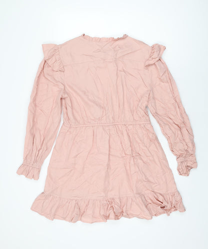 Back view of Miss Selfridge women’s pink lyocell shift, size UK 14, round neck button