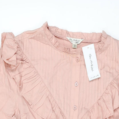 Close-up detail of Miss Selfridge women’s pink lyocell shift, size UK 14, round neck button