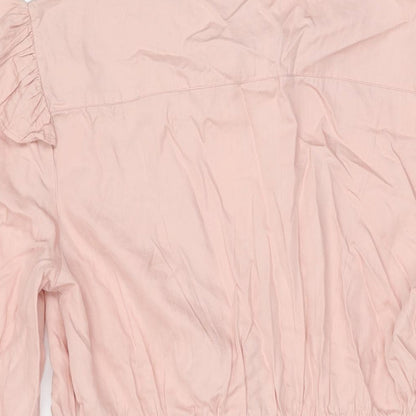 Brand and care label for Miss Selfridge women’s pink lyocell shift, size UK 14, round neck button