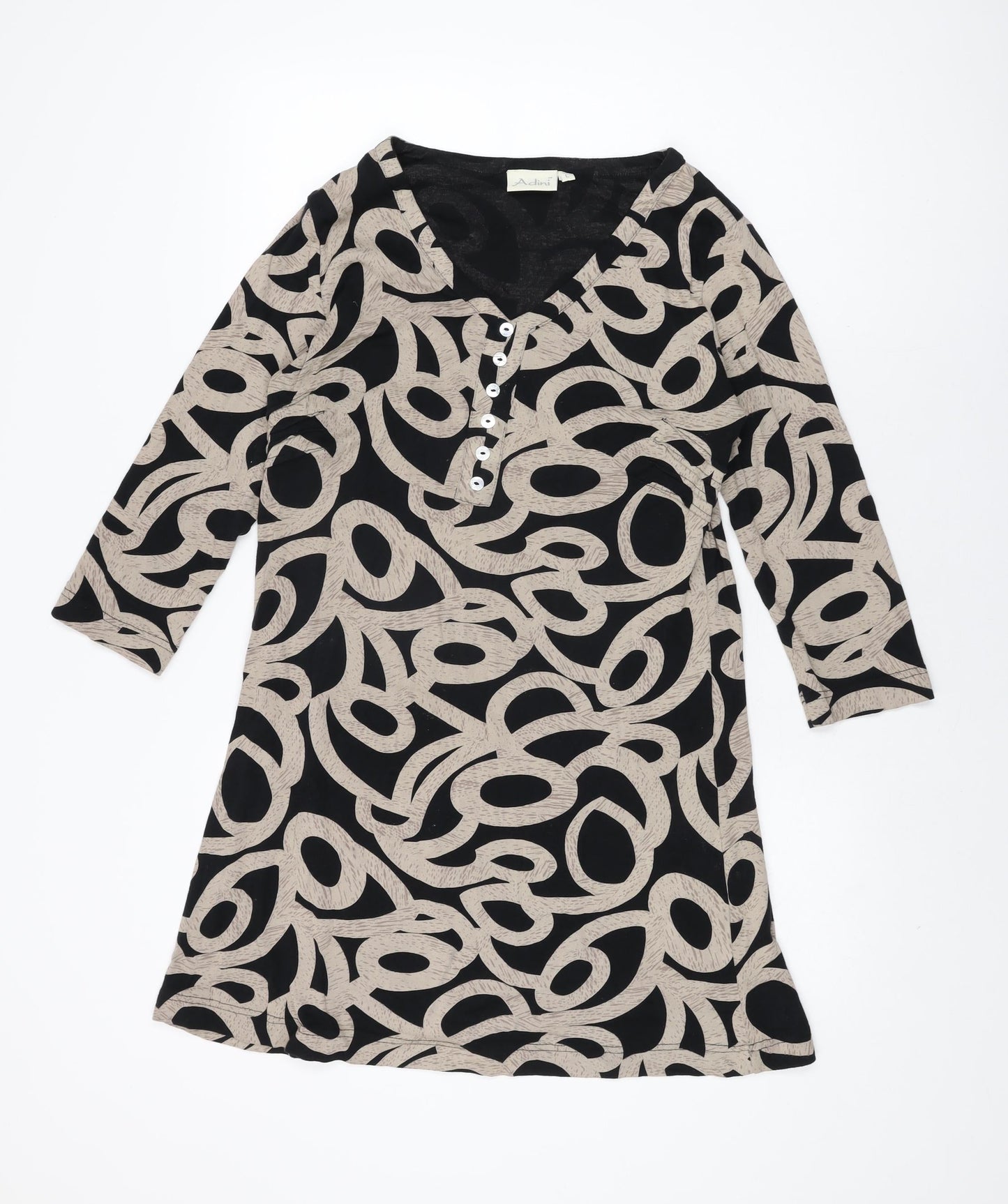 Adini Womens Black Geometric Cotton Basic T-Shirt Size L V-Neck