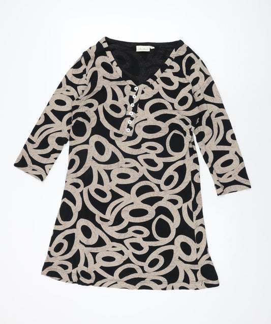 Adini Womens Black Geometric Cotton Basic T-Shirt Size L V-Neck