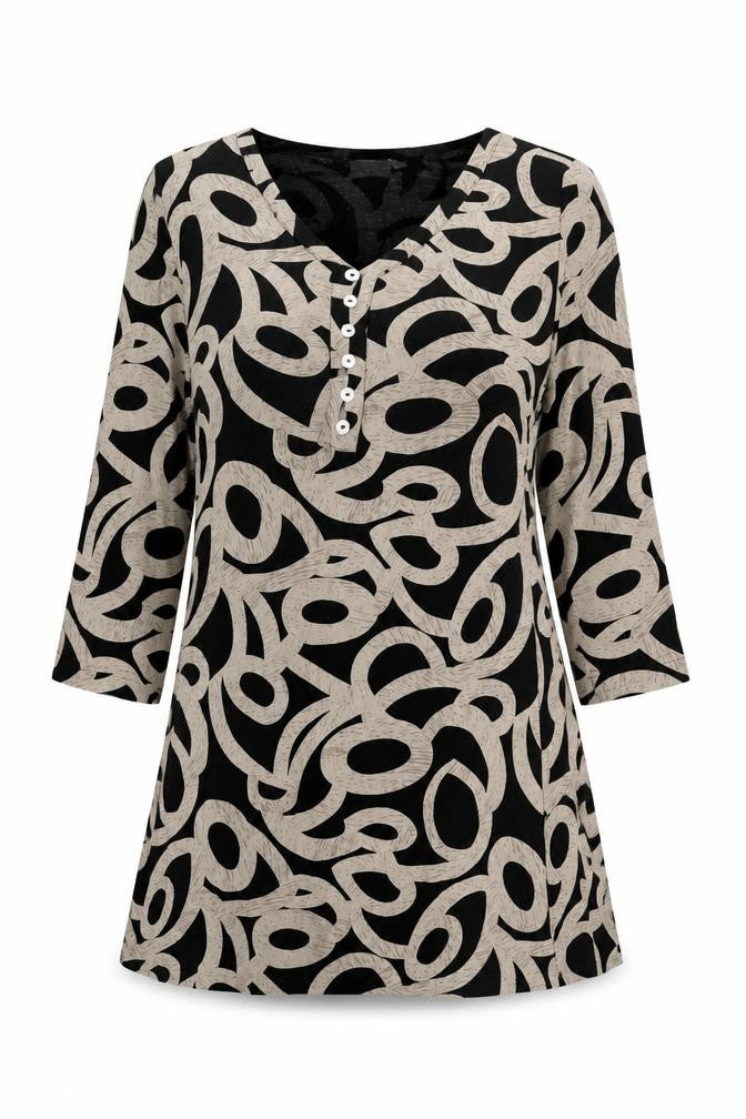 Adini Womens Black Geometric Cotton Basic T-Shirt Size L V-Neck