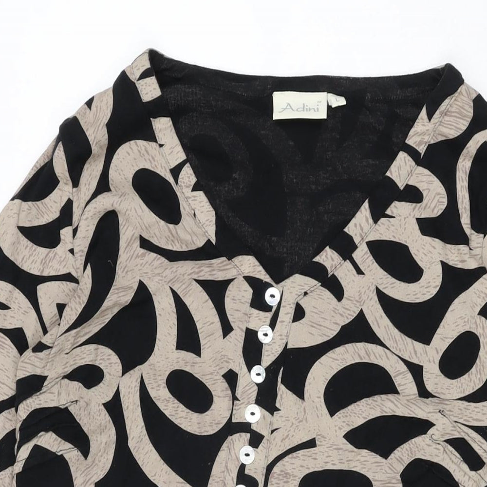 Adini Womens Black Geometric Cotton Basic T-Shirt Size L V-Neck