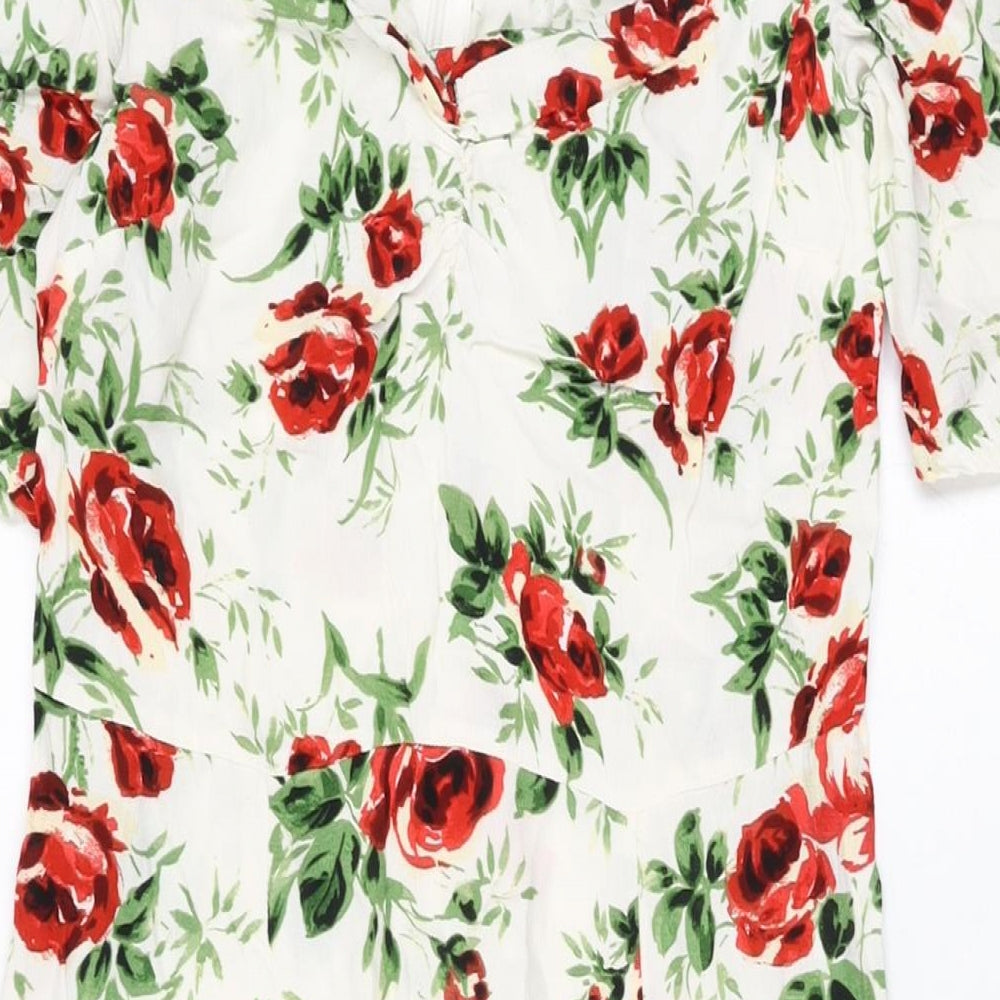 Topshop Womens White Floral Viscose A-Line Size 8 Sweetheart Zip