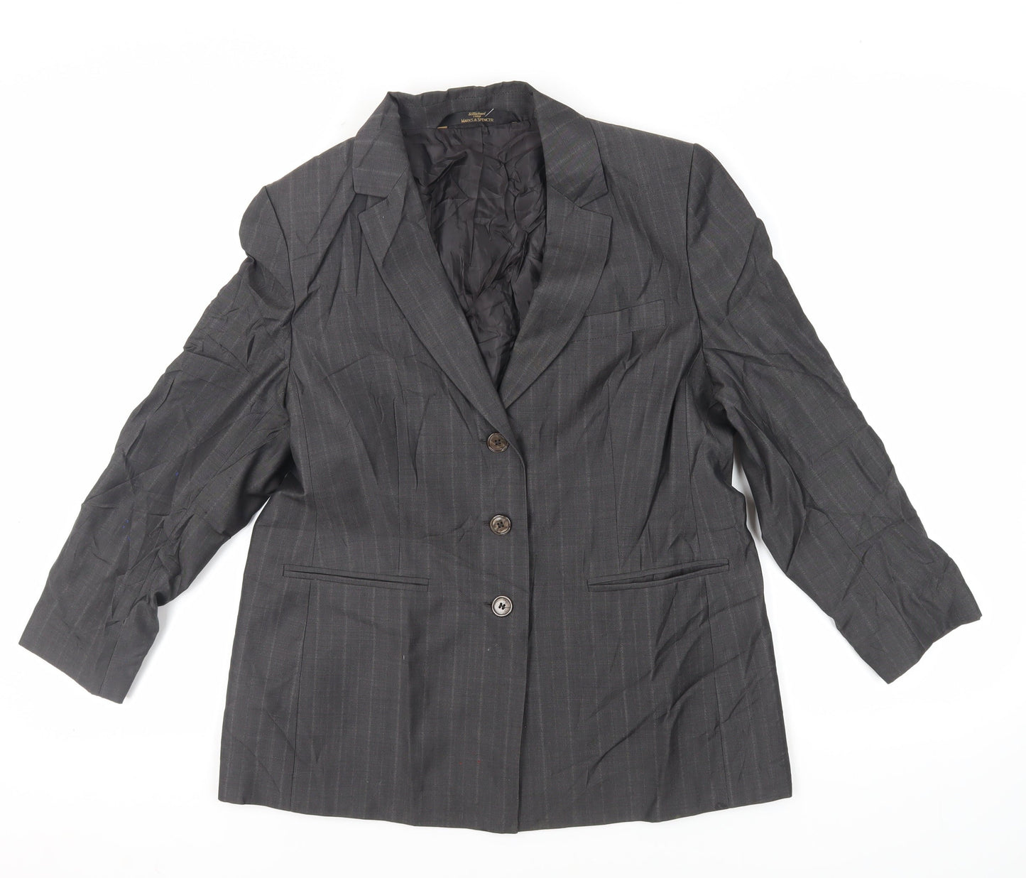 St Michael Womens Grey Striped Jacket Blazer Size 14 Button - Vintage