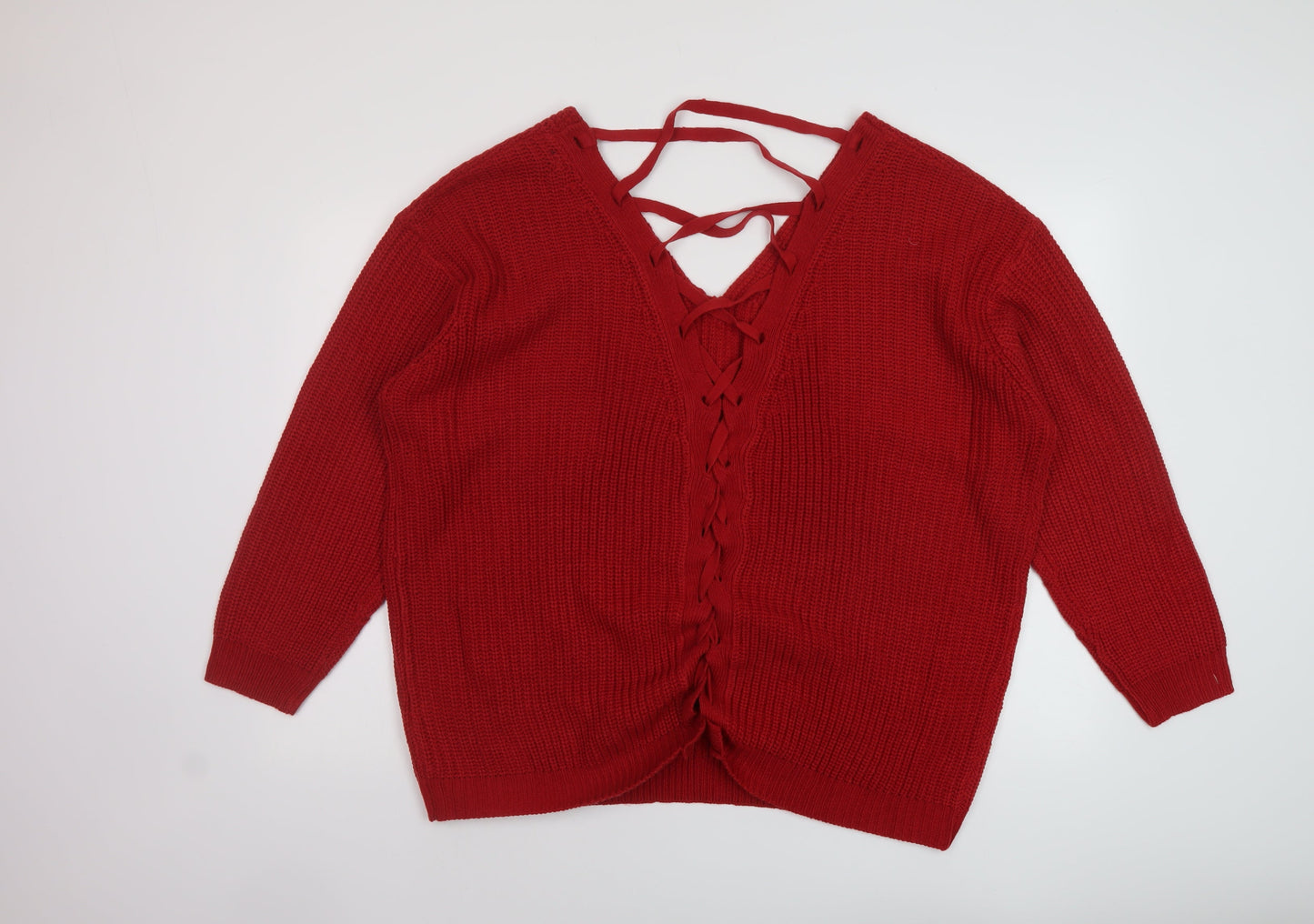 Brave Soul Womens Red V-Neck Acrylic Pullover Jumper Size 18