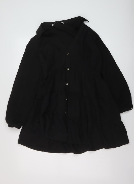 Zara Womens Black Polyester A-Line Size S V-Neck Button