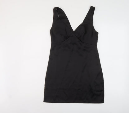 Additional front view of ASOS women’s black polyester mini, size UK 4, v-neck zip