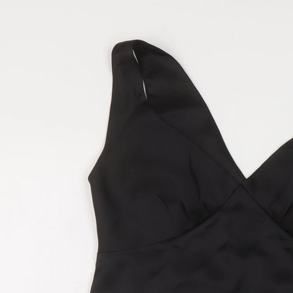 Close-up detail of ASOS women’s black polyester mini, size UK 4, v-neck zip