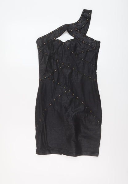 Additional front view of Miss Selfridge women’s black polyester mini, size UK 8, one shoulder zip