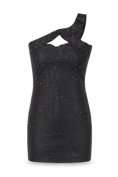 Front view of Miss Selfridge women’s black polyester mini, size UK 8, one shoulder zip