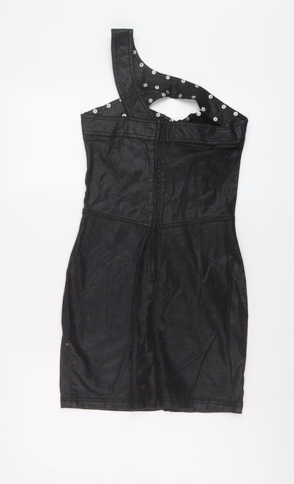 Back view of Miss Selfridge women’s black polyester mini, size UK 8, one shoulder zip