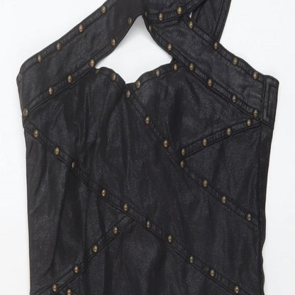 Close-up detail of Miss Selfridge women’s black polyester mini, size UK 8, one shoulder zip