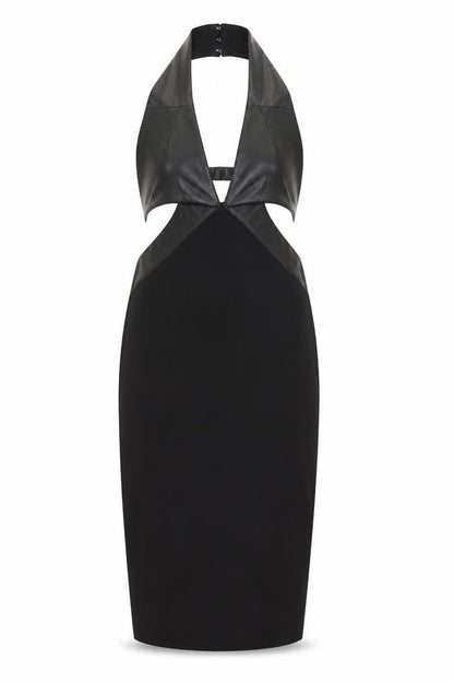 Front view of Missguided women’s black polyester bodycon, size UK 10, halter zip