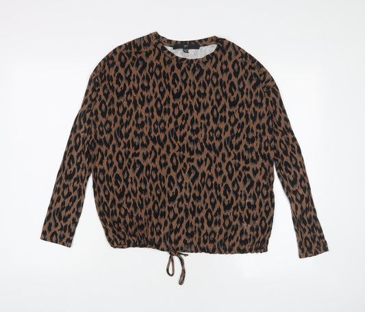 Up! Womens Brown Animal Print Viscose Basic T-Shirt Size XS Crew Neck