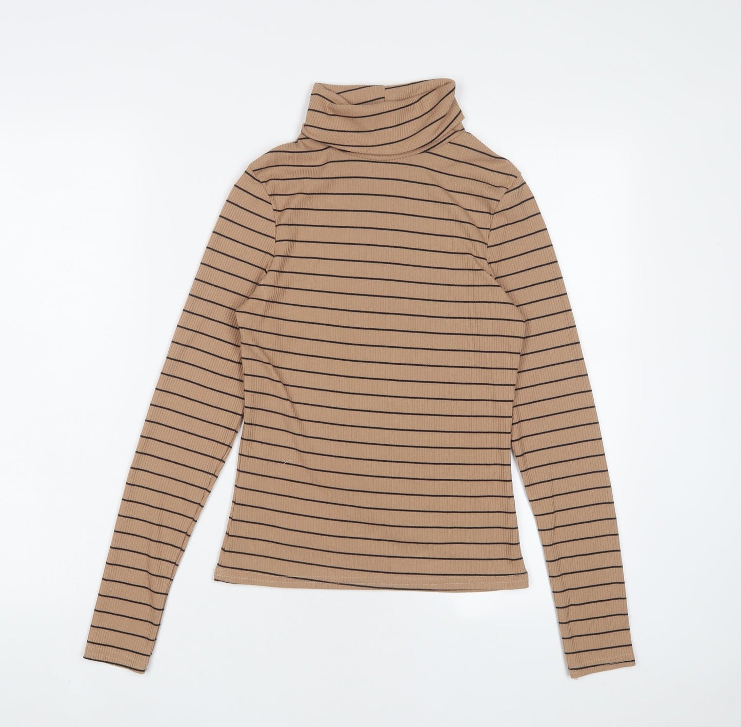 New Look Womens Brown Striped Polyester Basic T-Shirt Size 10 Roll Neck