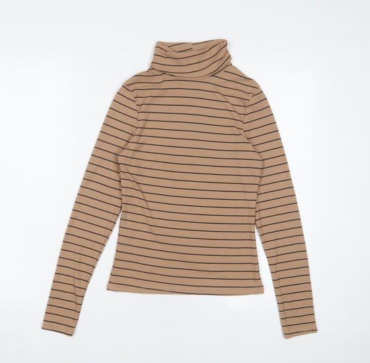 New Look Womens Brown Striped Polyester Basic T-Shirt Size 10 Roll Neck