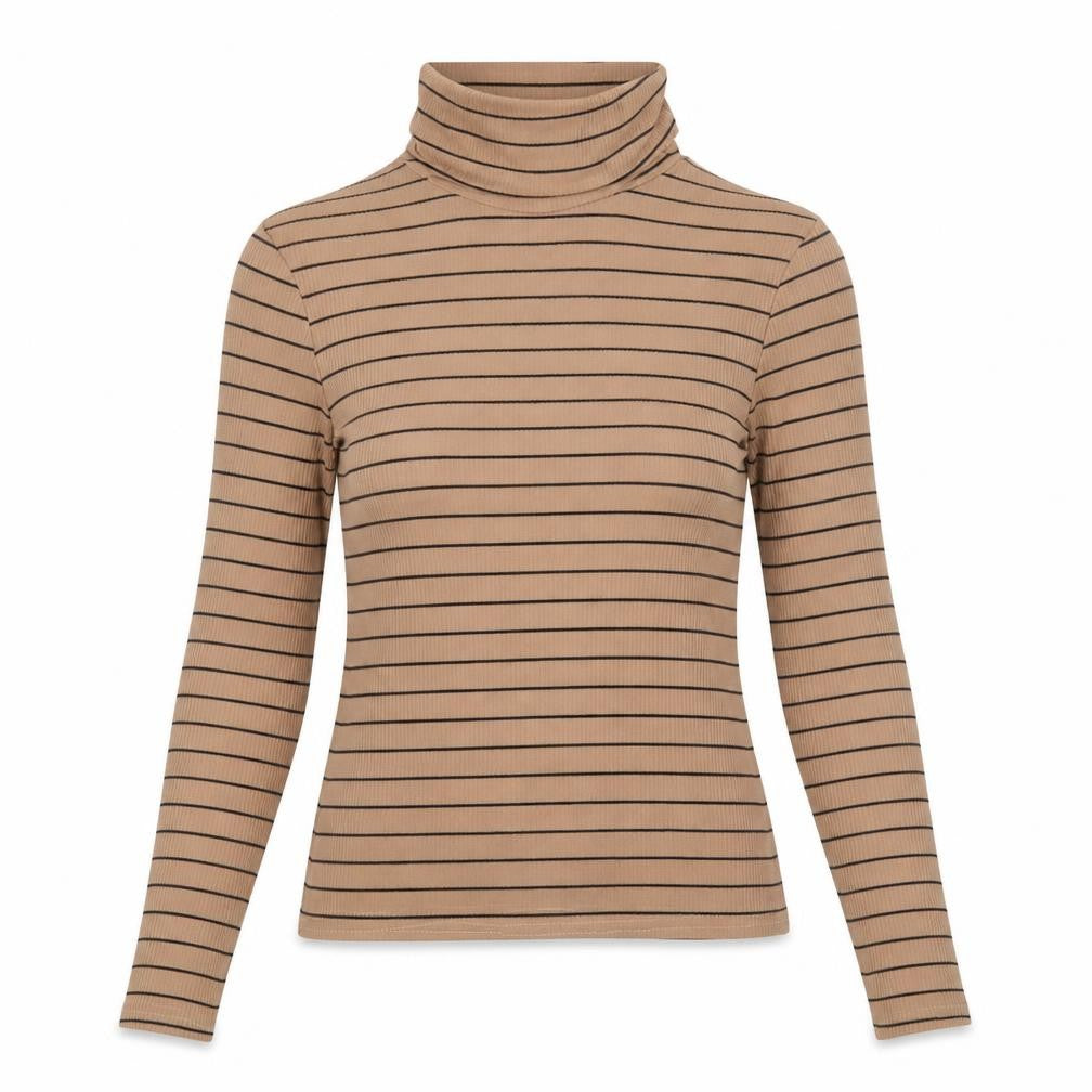 New Look Womens Brown Striped Polyester Basic T-Shirt Size 10 Roll Neck