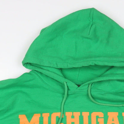 Close-up detail of I SAW IT FIRST women’s green cotton pullover hoodie, size M, pullover - michigan