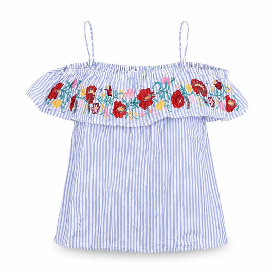 Springfield Womens Blue Striped Polyester Basic Blouse Size 12 Scoop Neck - Floral Embroidery Frill Cold Shoulder