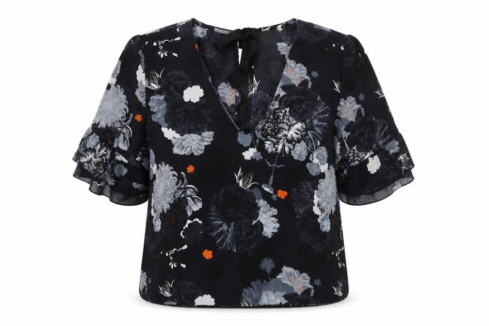 Topshop Womens Black Floral Polyester Basic Blouse Size 12 V-Neck - Frill