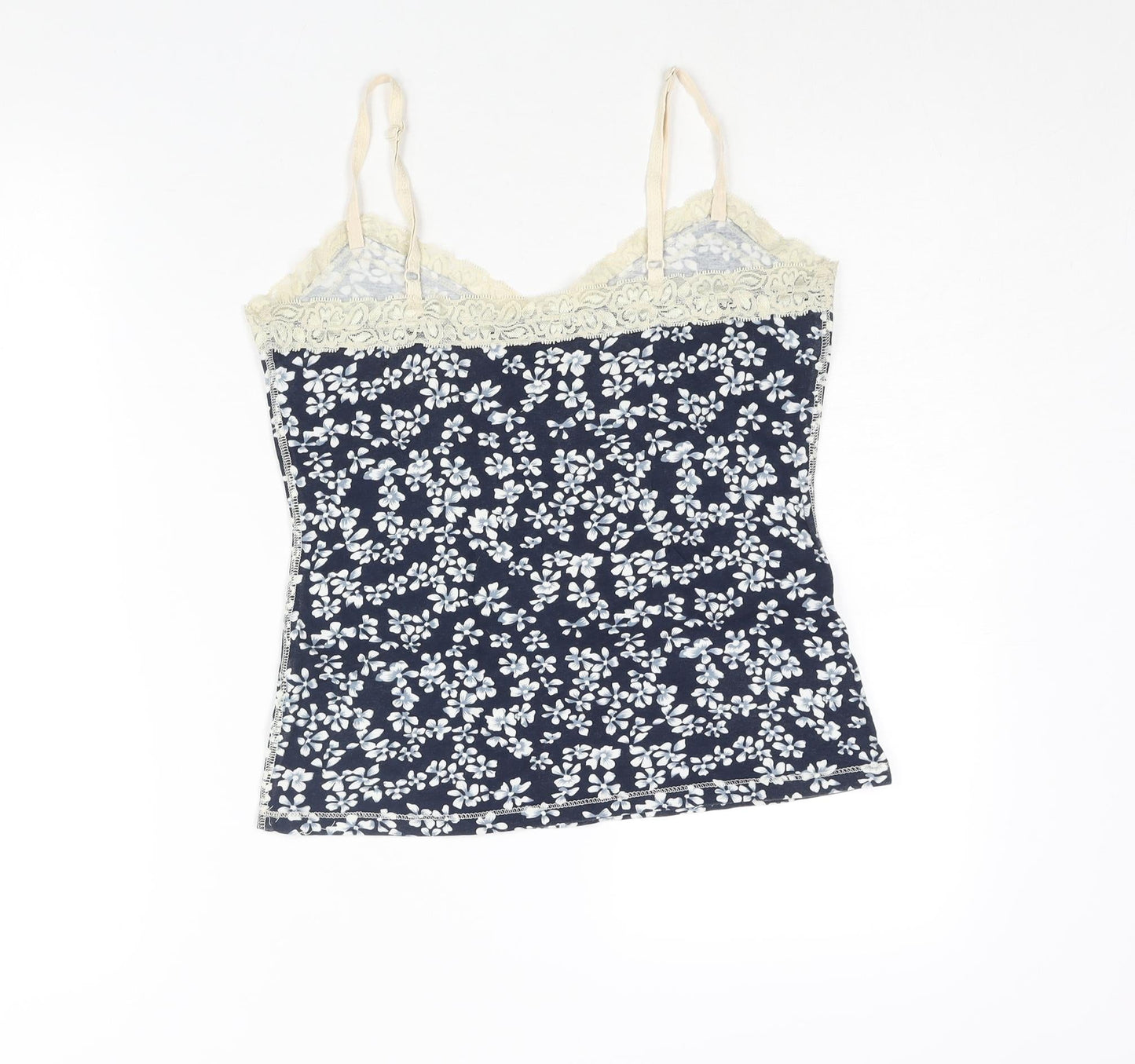 Debenhams Womens Blue Floral Cotton Top Pyjama Top Size 12 - Lace Trim Button Detail