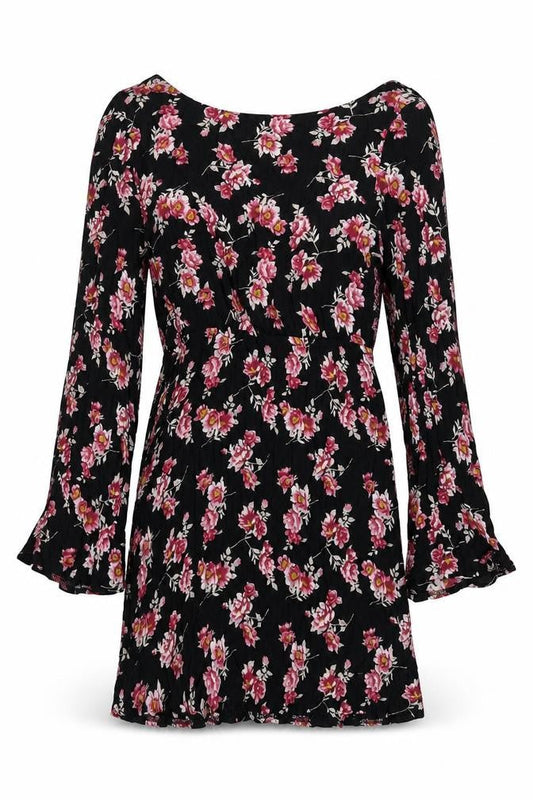 PRETTYLITTLETHING Womens Black Floral Viscose A-Line Size 6 Boat Neck Zip - Backless