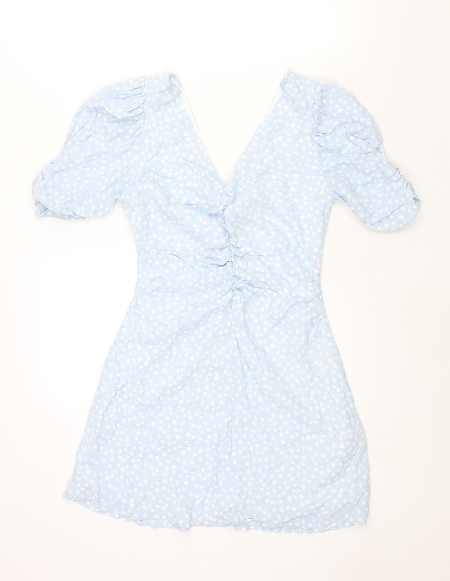 Zara Womens Blue Polka Dot Viscose A-Line Size M V-Neck Zip - Rouched