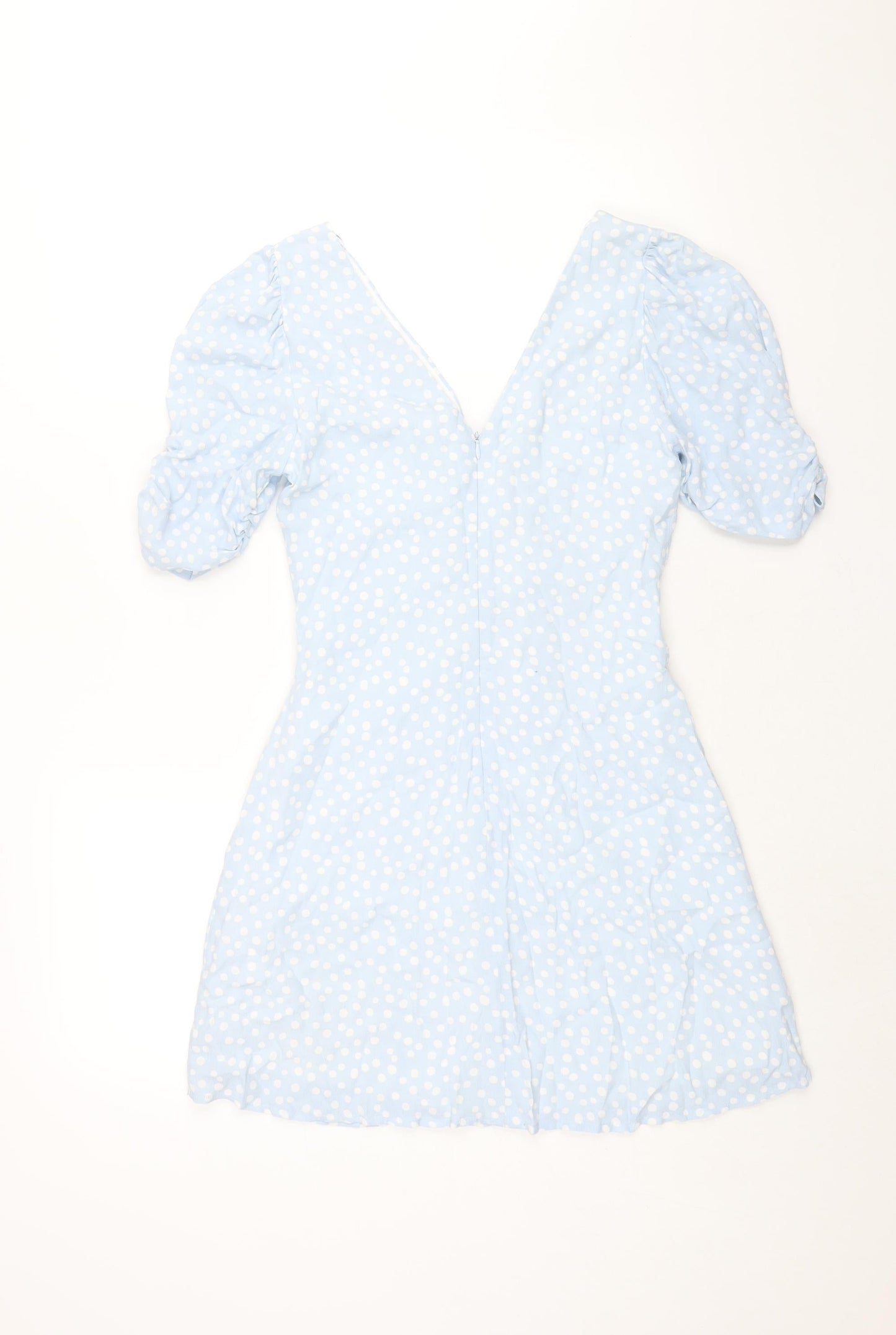 Zara Womens Blue Polka Dot Viscose A-Line Size M V-Neck Zip - Rouched
