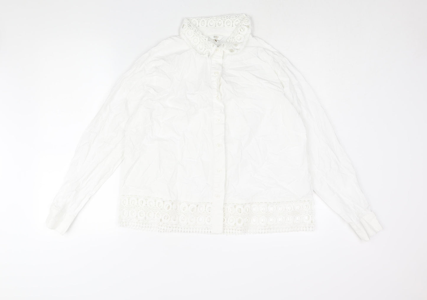 Cotton Traders Womens White Cotton Basic Button-Up Size 14 Collared - Lace Detail