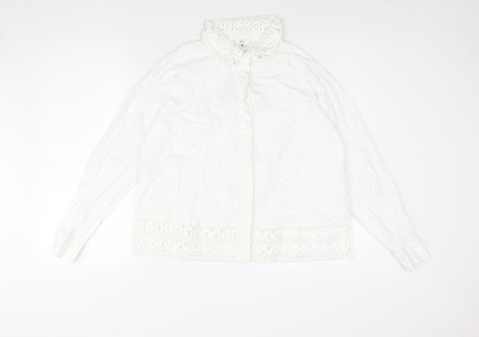 Cotton Traders Womens White Cotton Basic Button-Up Size 14 Collared - Lace Detail
