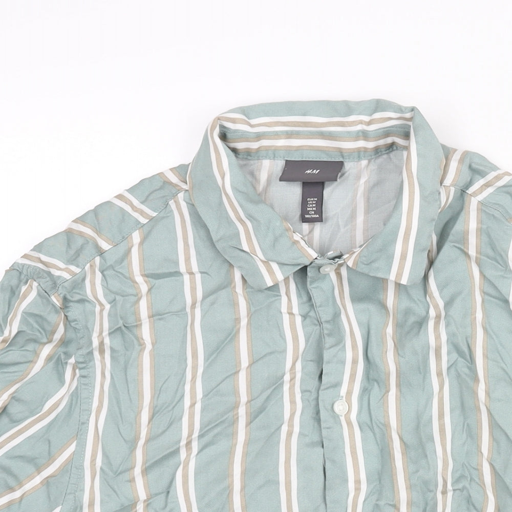 H&M Mens Blue Striped Lyocell Button-Up Size M Collared Button