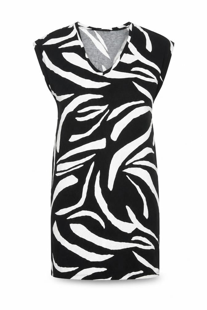 Marks & Spencer Womens Black Geometric Viscose T-Shirt Dress Size 14 V-Neck Pullover